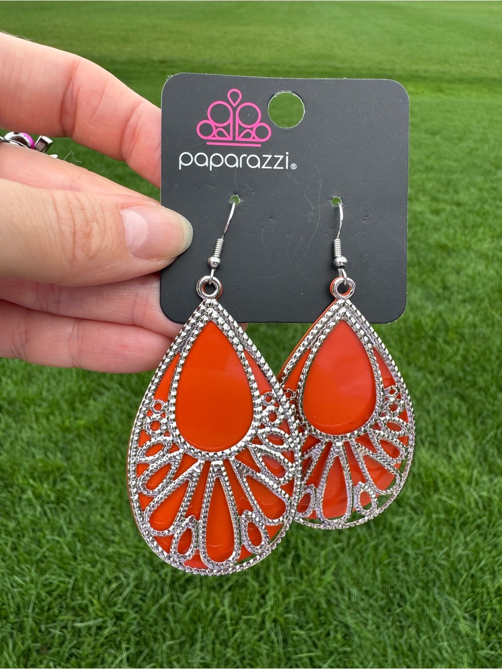 $12 or 3/$30! Paparazzi Orange Teardrop Dangle Earrings with Silver Accent